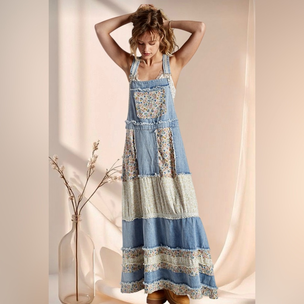 POL Denim Patchwork Maxi Dress with Floral Panels - Picture 2 of 10